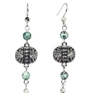 Handmade African Turquoise Gemstone Beaded Silver Pendant Boho Dangle Earrings